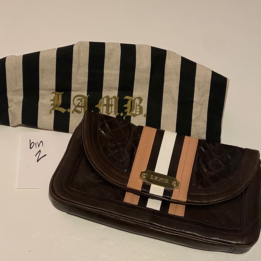 L.A.M.B. Dark Brown Clutch with Pink and White Stripes